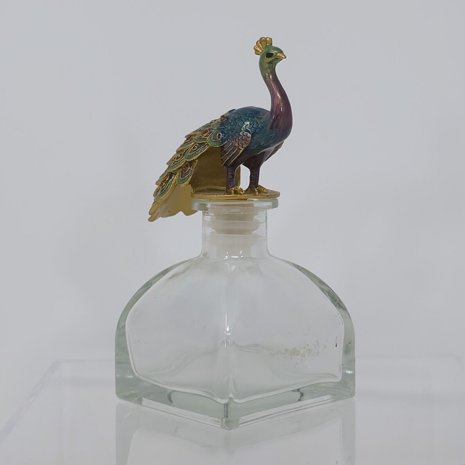 Enamel Peacock Stopper Jewel Eyed Feathers in Perfume Bottle Square Glass Clear