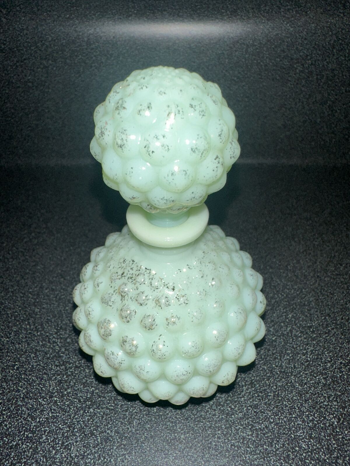 Vintage Irice Frosted Green & Gold Glass Hobnail Perfume Bottle
