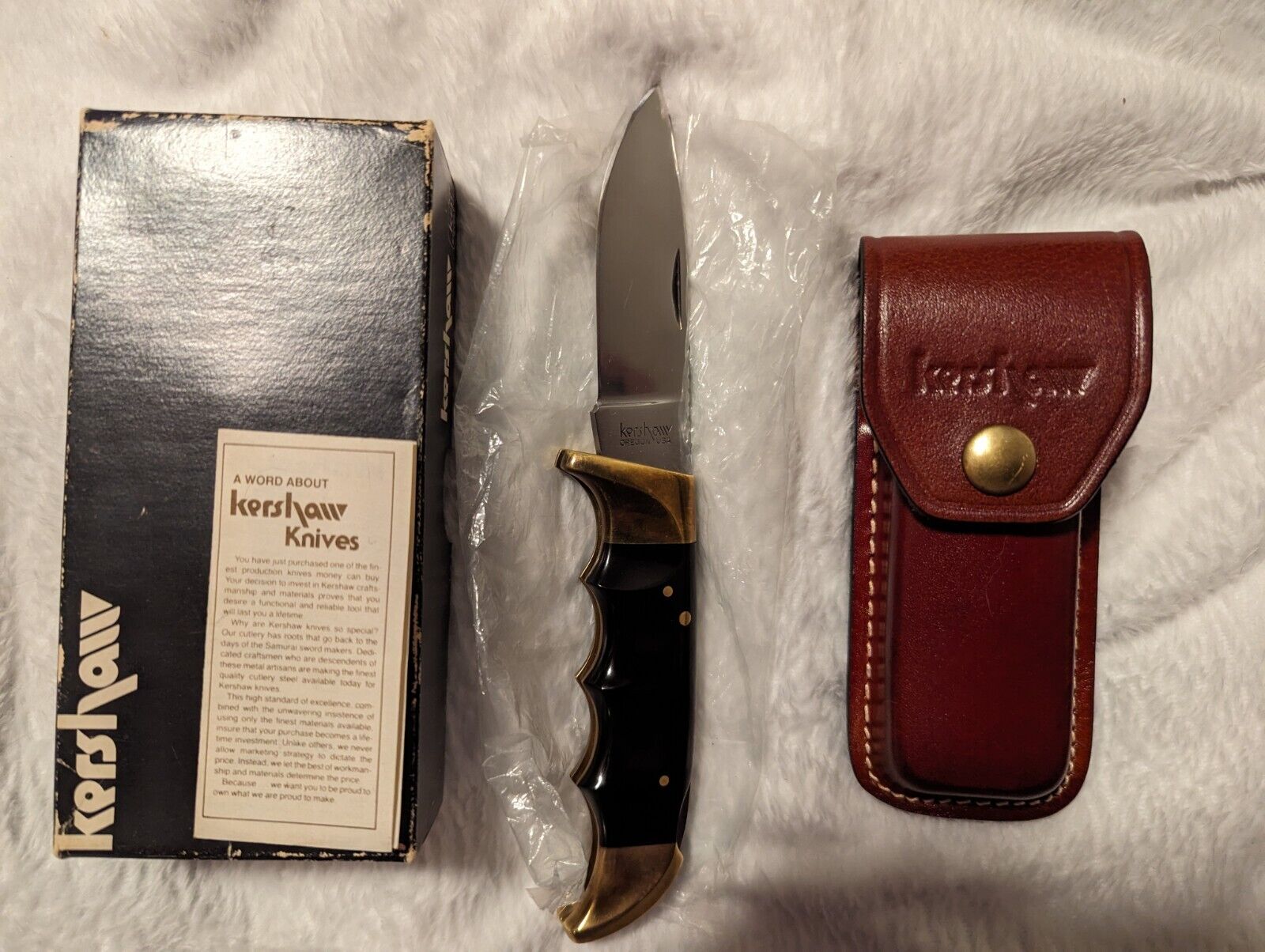 ✨Vtg Kershaw 1050 USA Kai Japan Folding Pocket Knife Lockback Leather Sheath Box