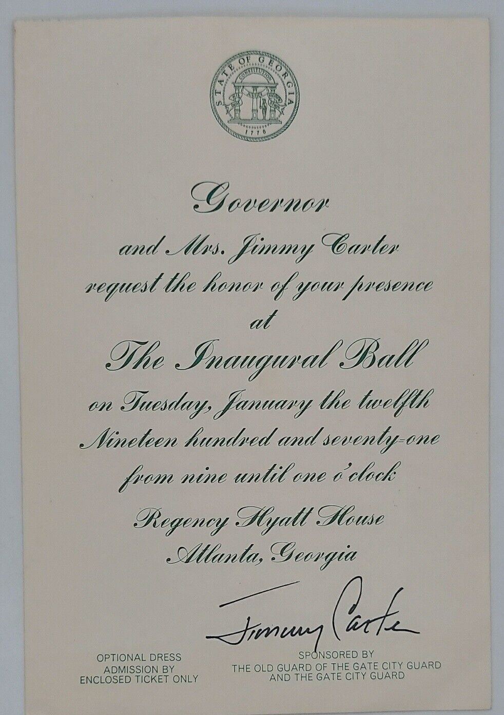 Early Jimmy Carter Signed Georgia Governor Inaugural Ball Invitation 