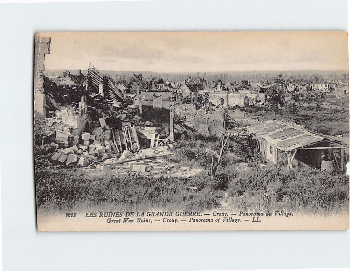 Postcard Panorama of Village, Great War Ruins, Crouy, France