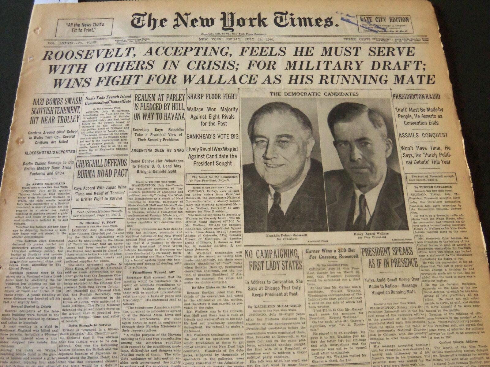 1940 JULY 19 NEW YORK TIMES - ROOSEVELT ACCEPTING FEELS HE MUST SERVE - NT 5913