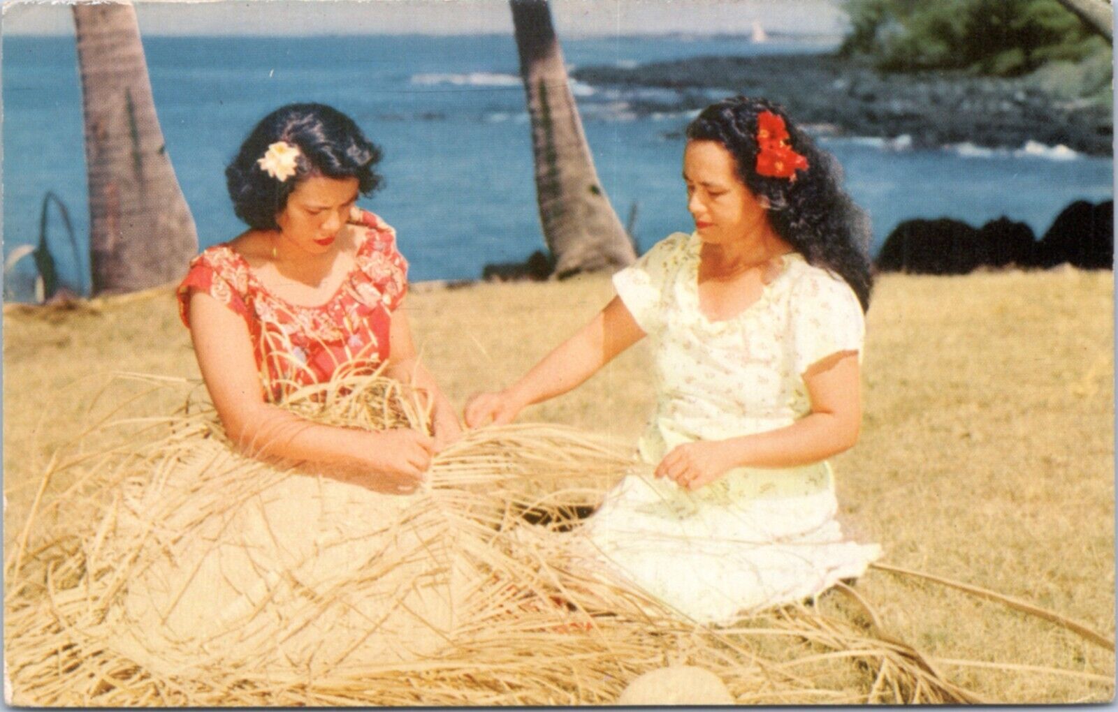 Postcard Hawaii Lauhala Weaving - women making baskets from the pandanus tree