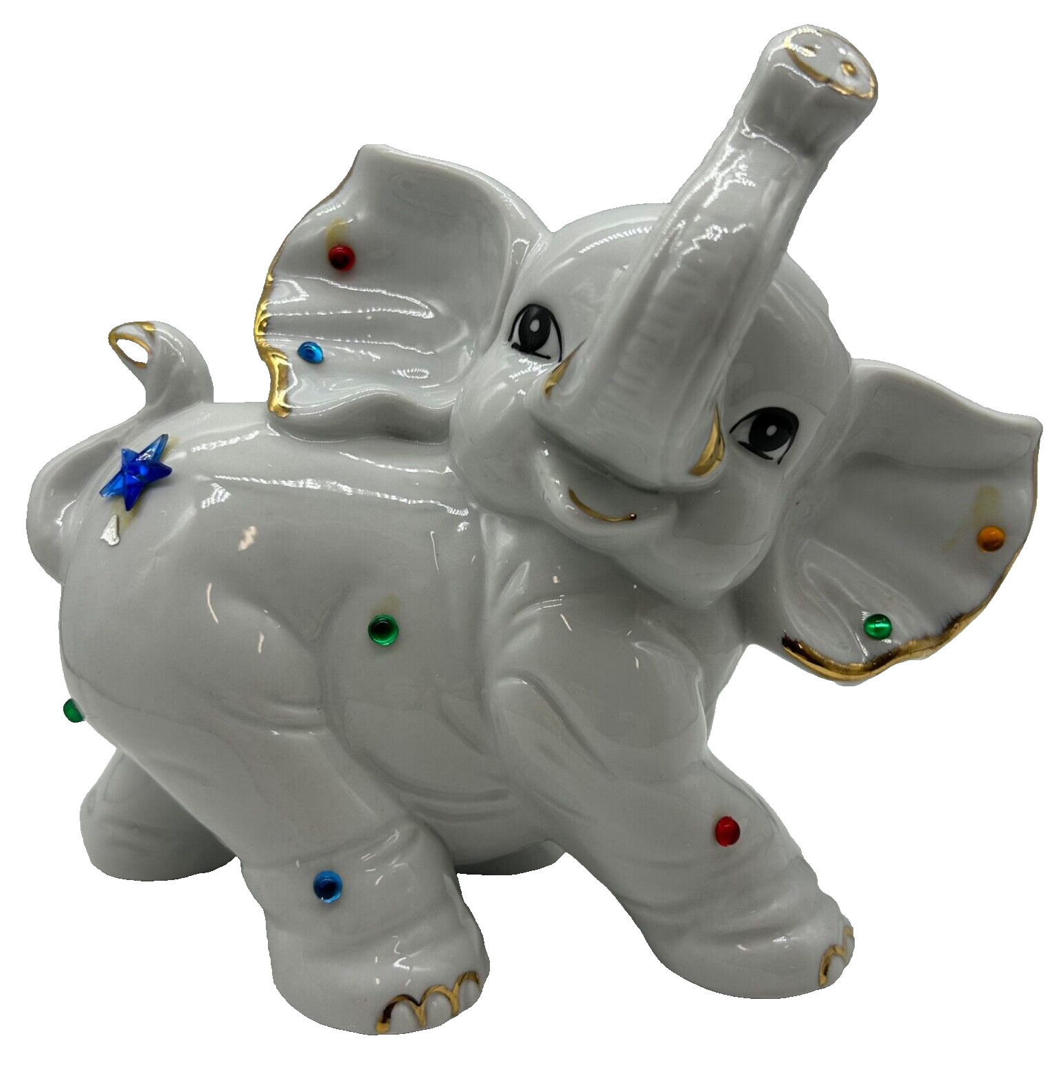 New Cute & Gorgeous White Elephant Calf Smiling with Golden Accents Figurine