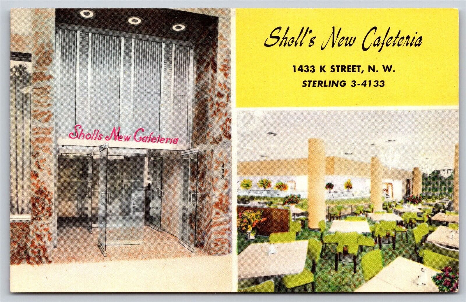 Postcard Sholl\'s New Cafeteria, Washington DC B129