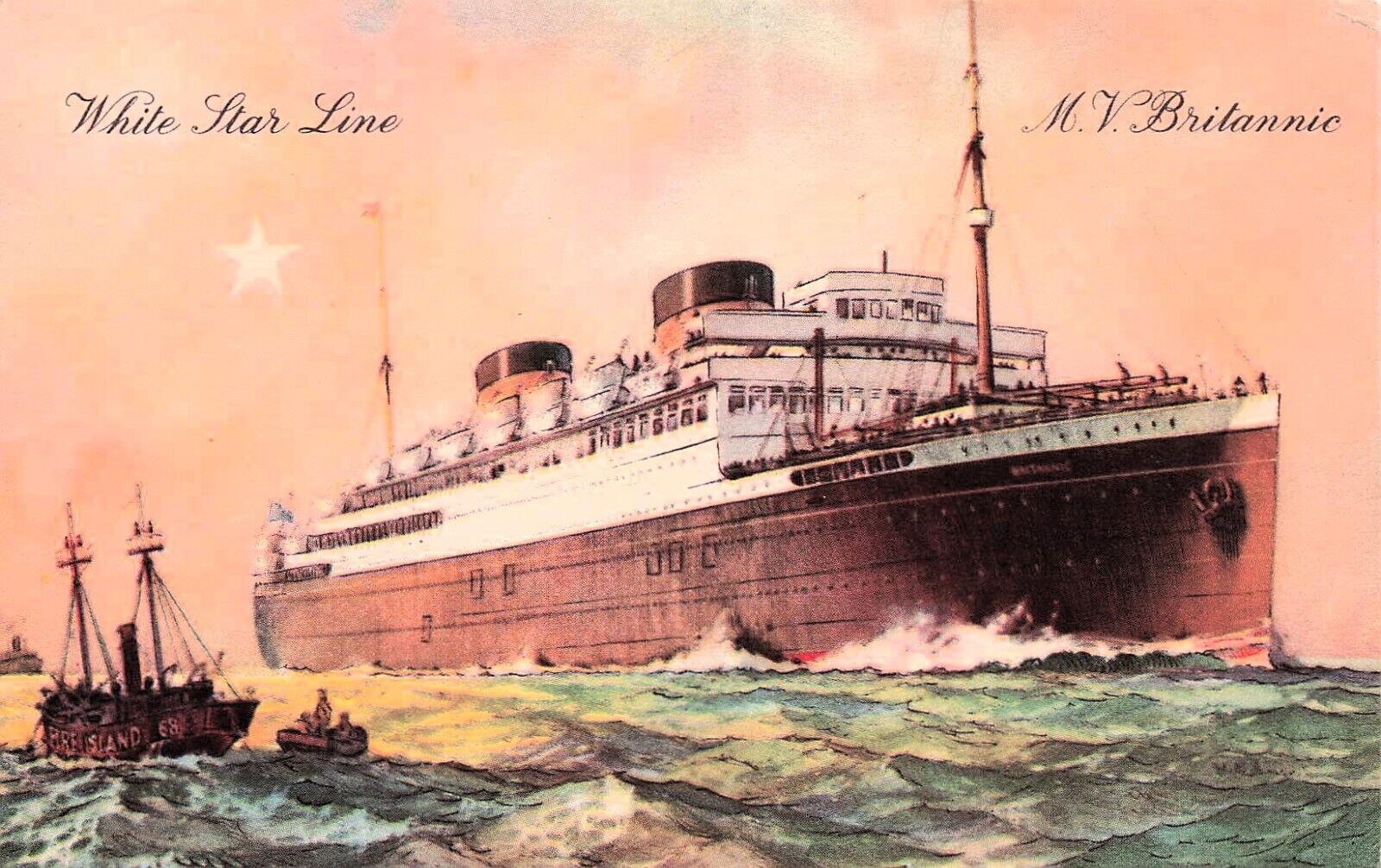 White Star Line - MV Britannic Cunard Ship Steamer Cruise Vtg Postcard D60