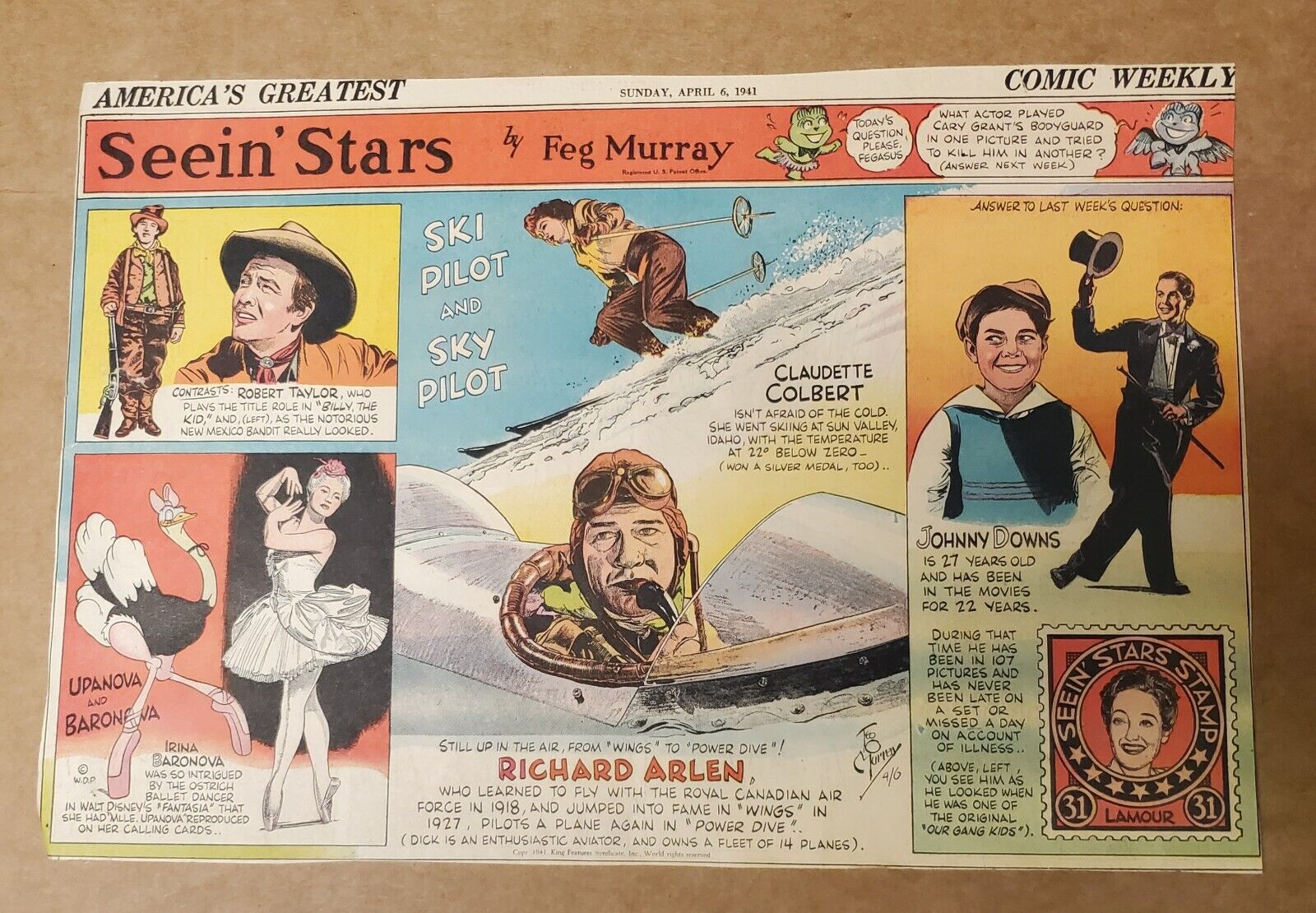1941 Robert Taylor Claudette Colbert  Seein' Stars by Feg Murray Comic Strip