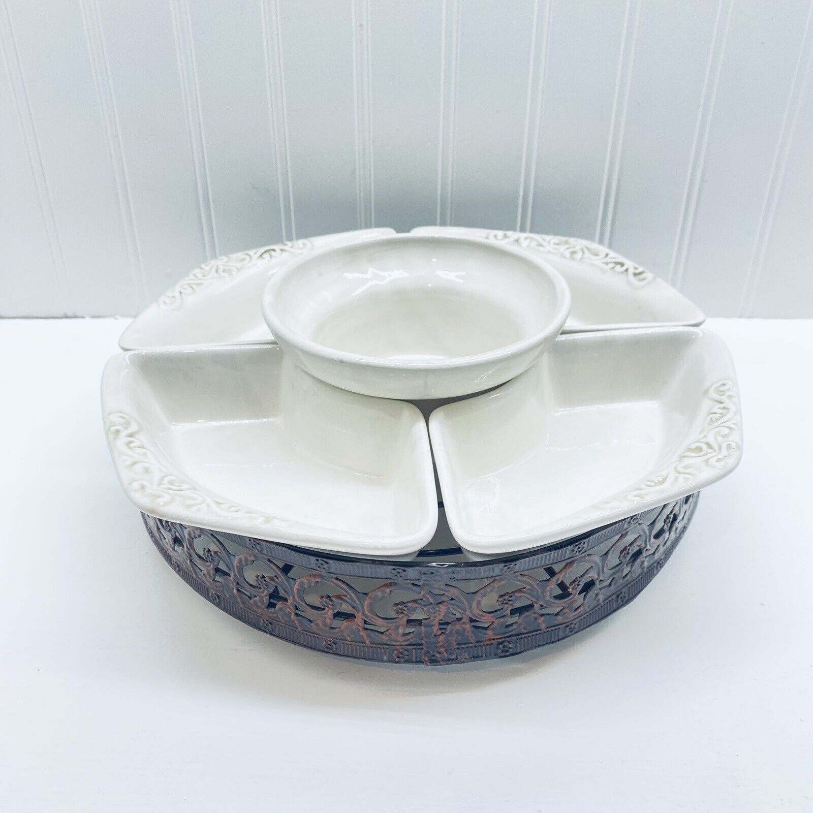 Vintage Ceramic Lazy Susan Veggie Tray With Metal Base White