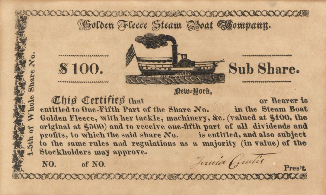 Golden Fleece Steam Boat Co. - Stock Certificate - Shipping Stocks