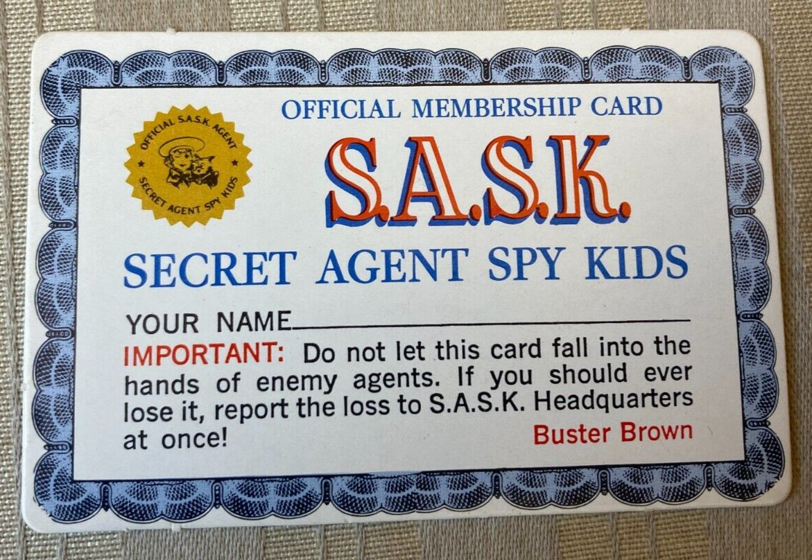 Vintage 1960s BUSTER BROWN SECRET AGENT SPY KIDS OFFICIAL MEMBERSHIP CARD