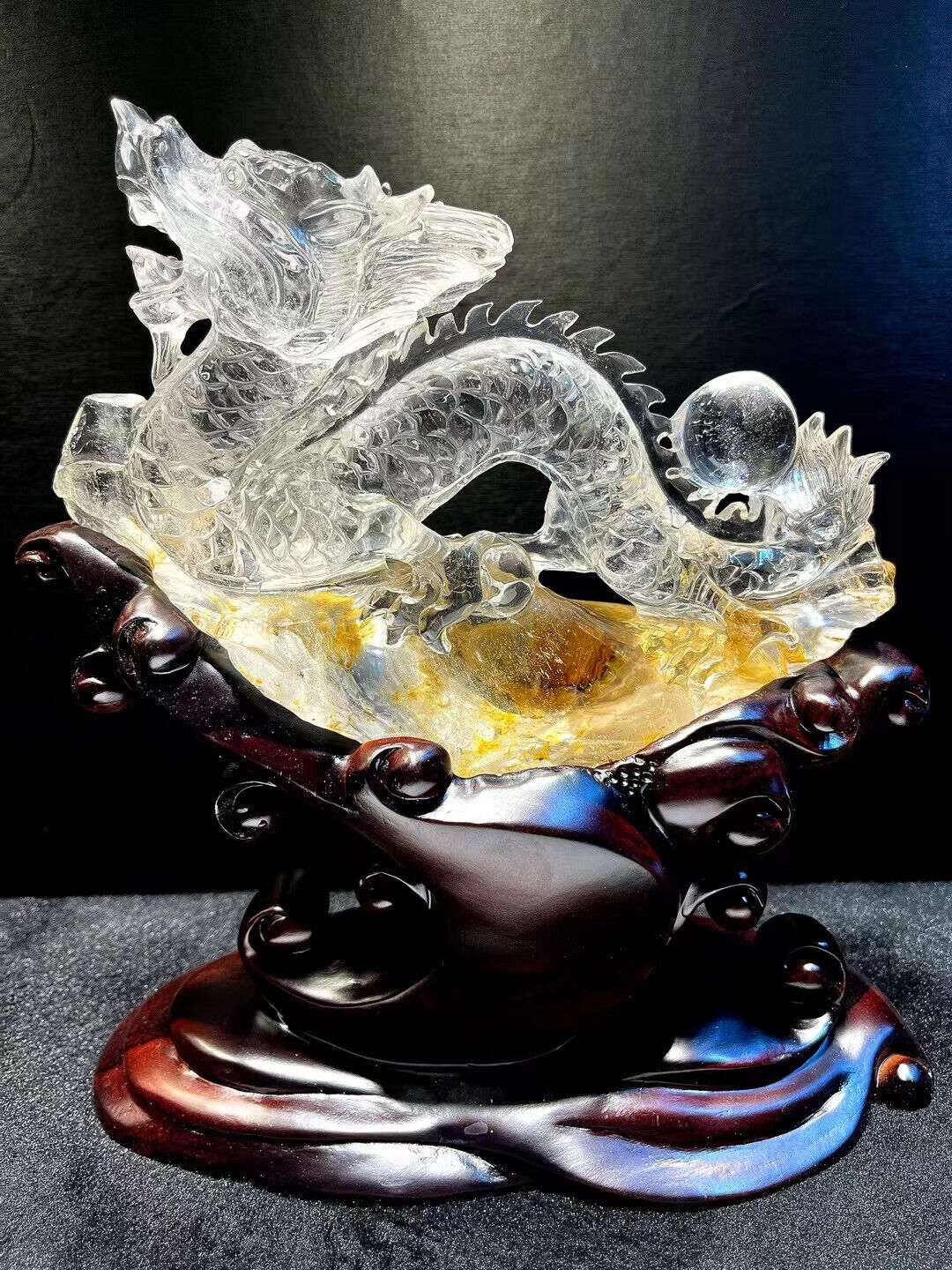 5.45LB Top natural fire crystal Quartz Carved Crystal dragon heal Gem+stand