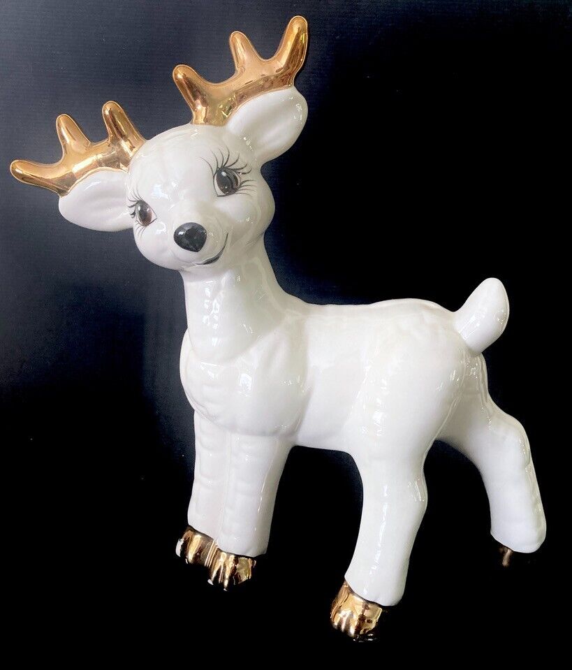 Large Adorable BIG EYED Ceramic Deer Fawn Figurine Christmas Long Eyelashes 11”
