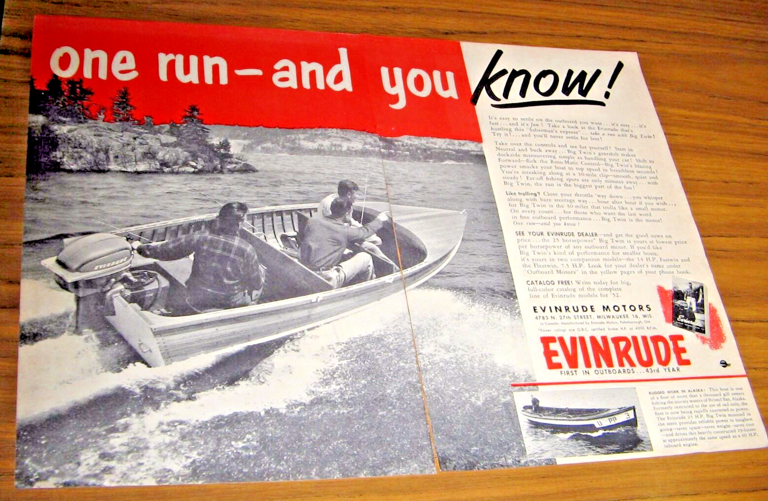 1952 Print Ad Evinrude Outboard Motors 3 Men in Wood Fishing Boat