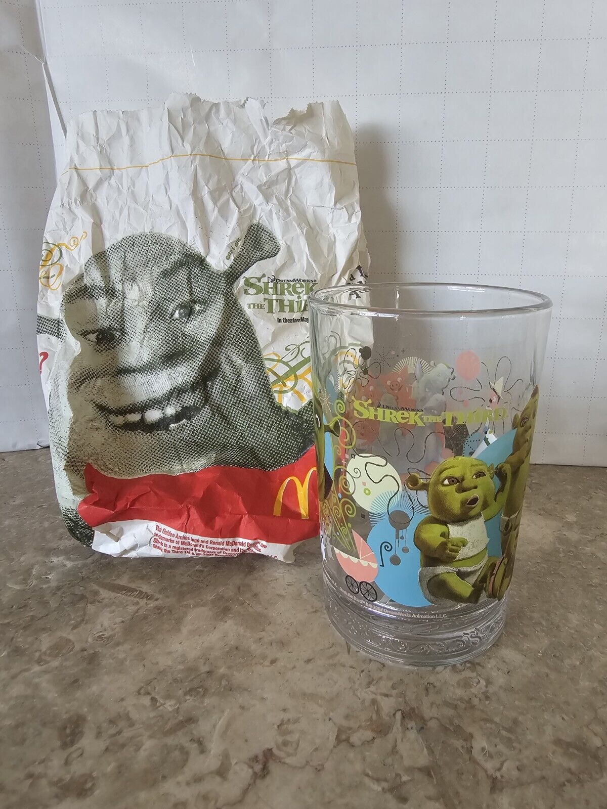 Vintage SHREK the Third  2007 Drinking Glass Cup 16oz with McDonalds Bag