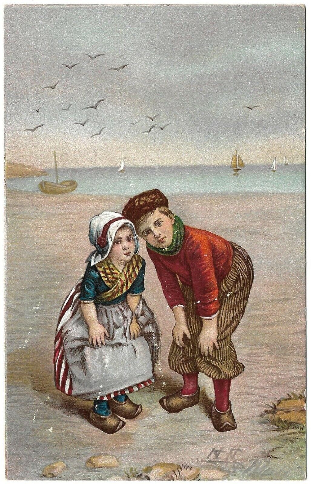 1906 Antique Postcard Children Ocean Sea Birds Beach Sailboats Girl Boy Artist