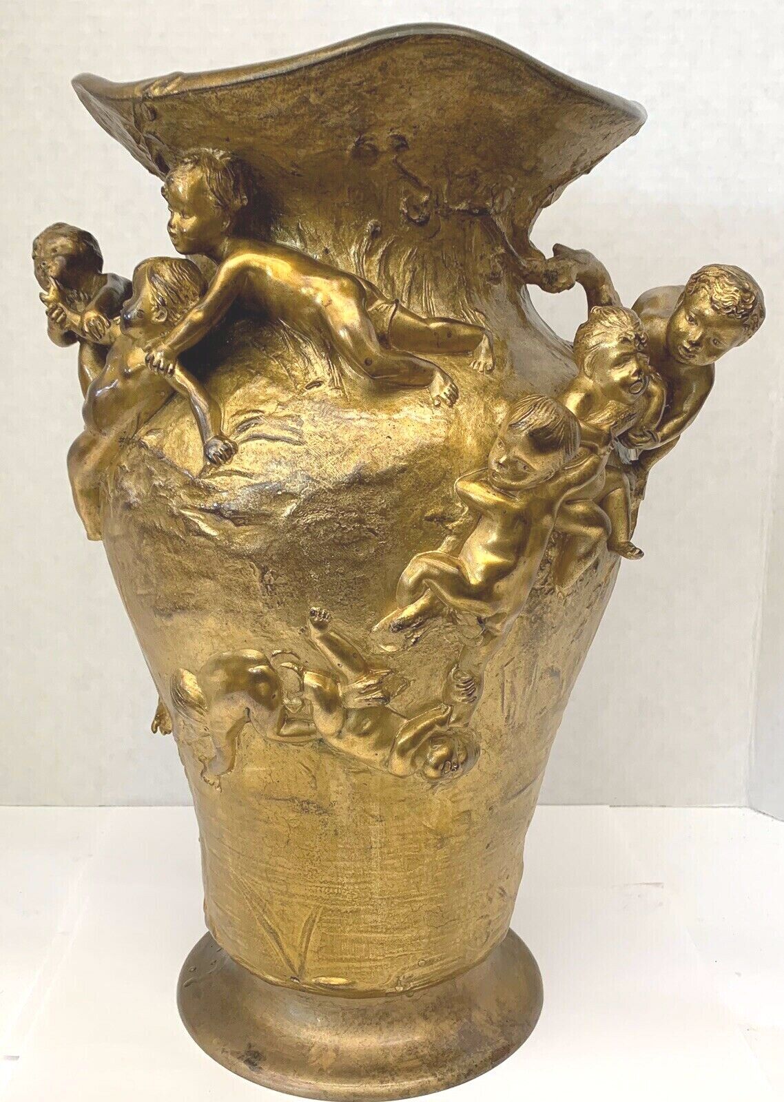 AN IMPORTANT L. Coustaury Rare 19C French Gilt Bronze Vase Cherubs Figurine    