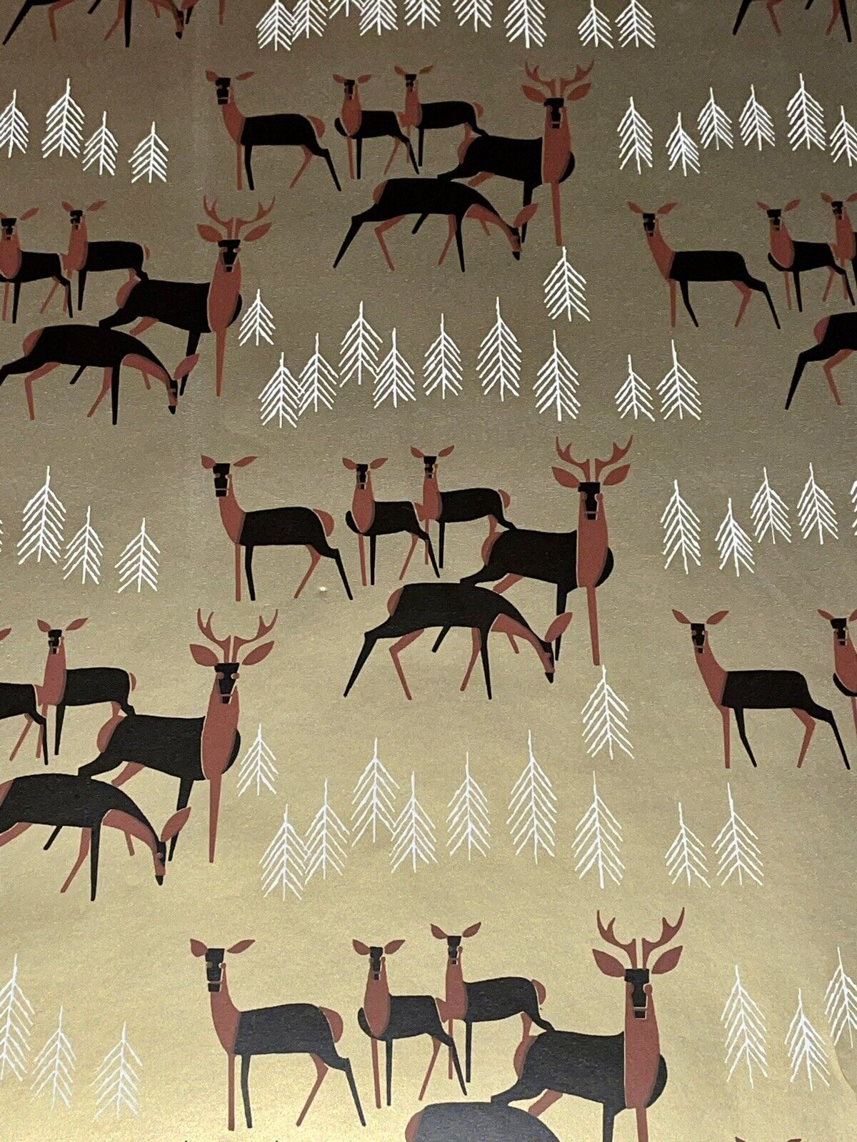 VTG CHRISTMAS WRAPPING PAPER GIFT WRAP MCM REINDEER & TREES GOLD NOS 24\