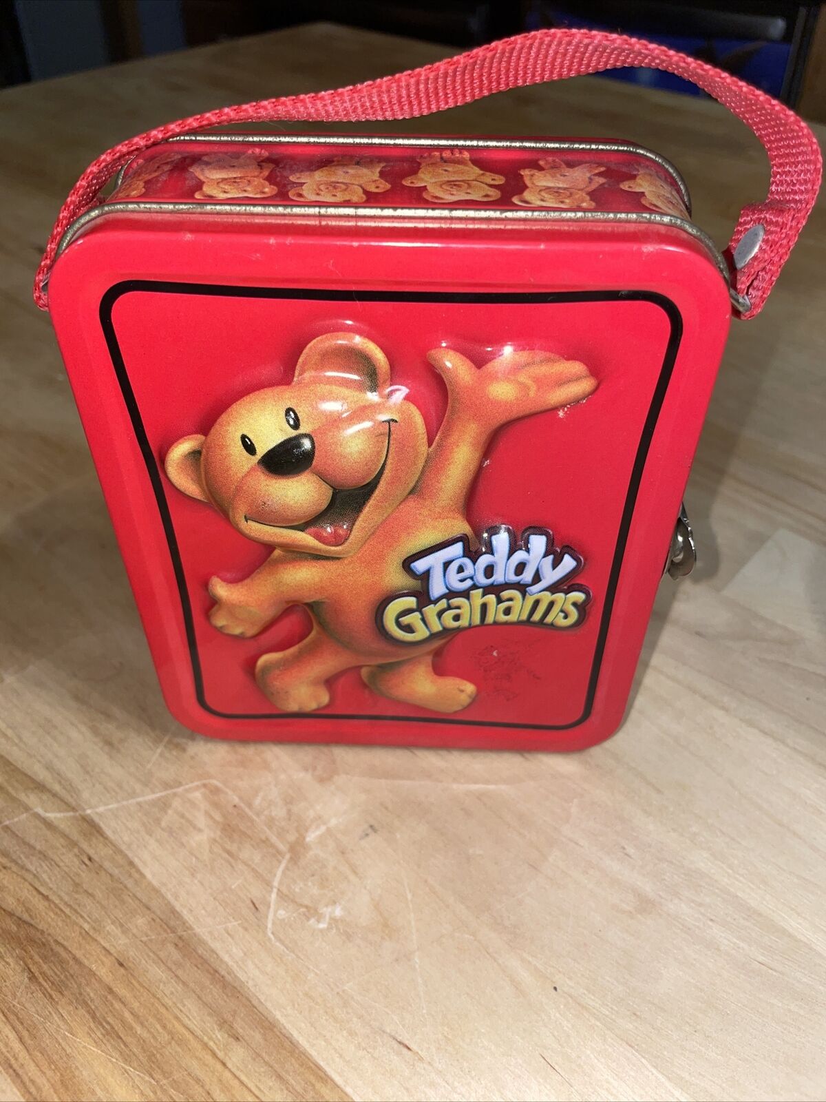 Vintage Nabisco Teddy Grahams Mini Tin Lunch Box Red 5x5.5 inches 3D Raised read