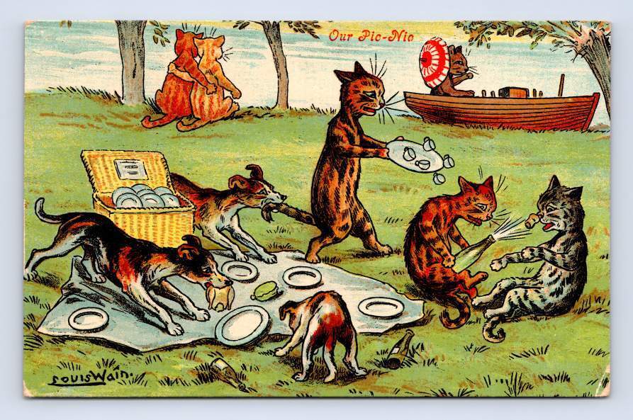 Cats & Dogs on Picnic ~ Antique LOUIS WAIN Dressed-Animals Fantasy Art 1910s