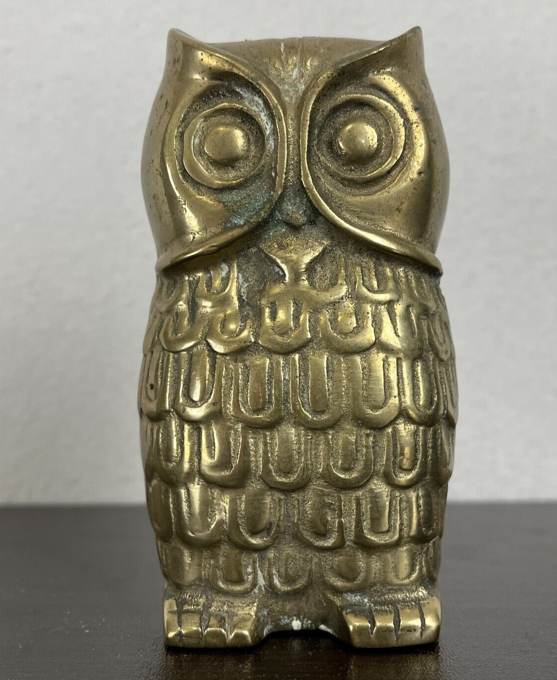 Vintage Brass Owl Heavy Paperweight Figurine 4.5” Tall Bookshelf MCM Decor