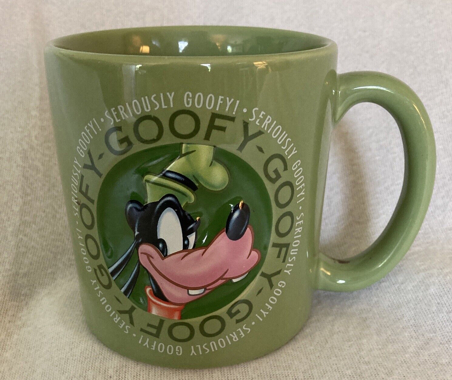 Disney Mug Seriously Goofy Embossed Ceramic Large Coffee Cup Green 4.5”