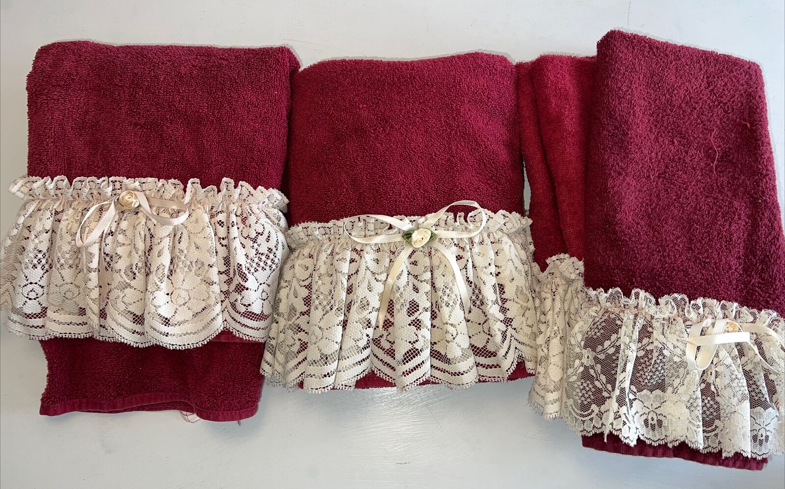 Vtg Cannon Bath Hand Towel Set of 5 Ribbon Lace Rose Cranberry Grandma Core