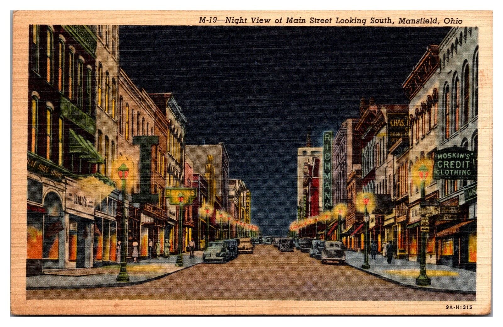 1939 Night View of Main Street, Neon Signs, Ads, Mansfield, OH Postcard