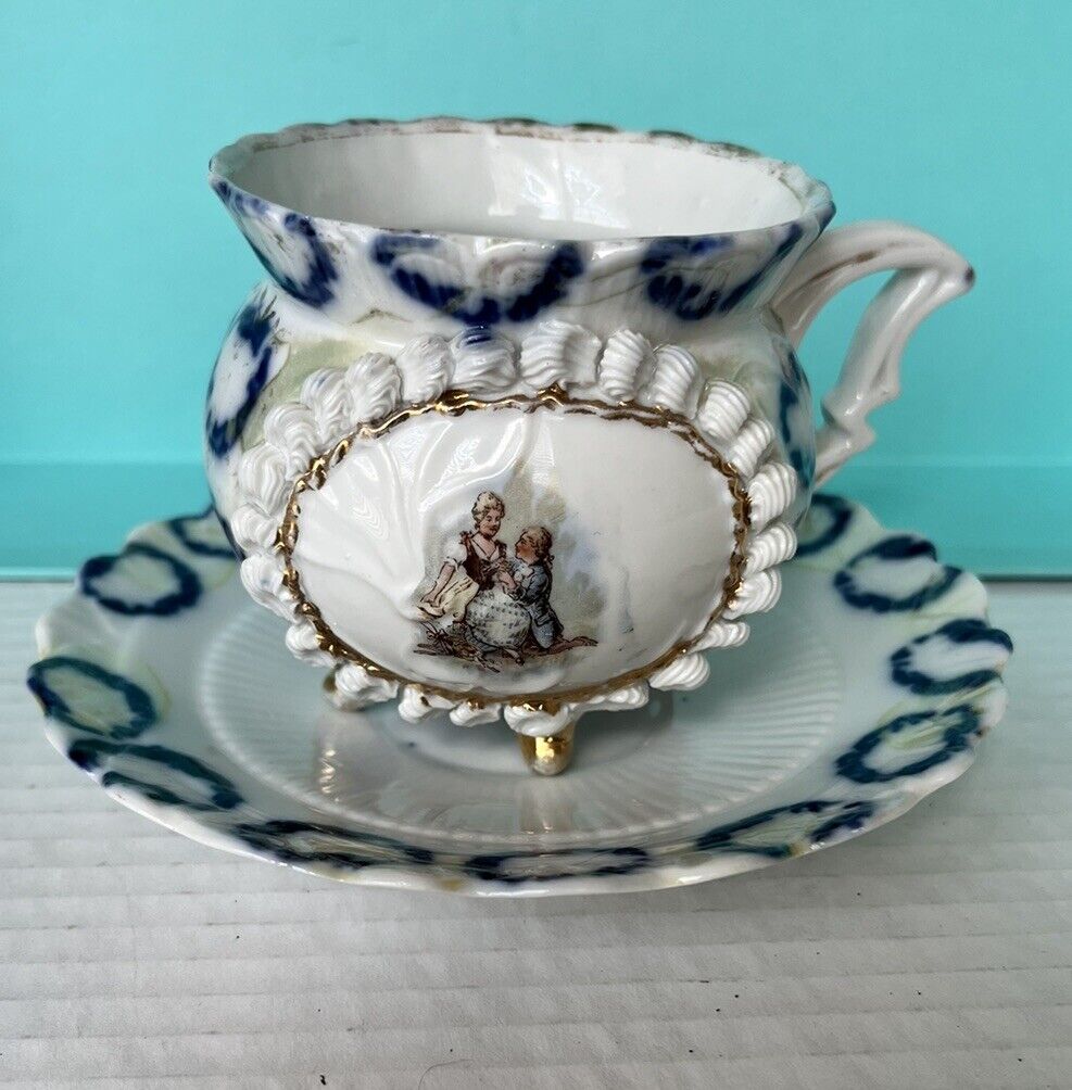 Rare Vintage Tea Cup & Saucer Cobalt Blue Gold Trim & Colonial Couple Icing Trim
