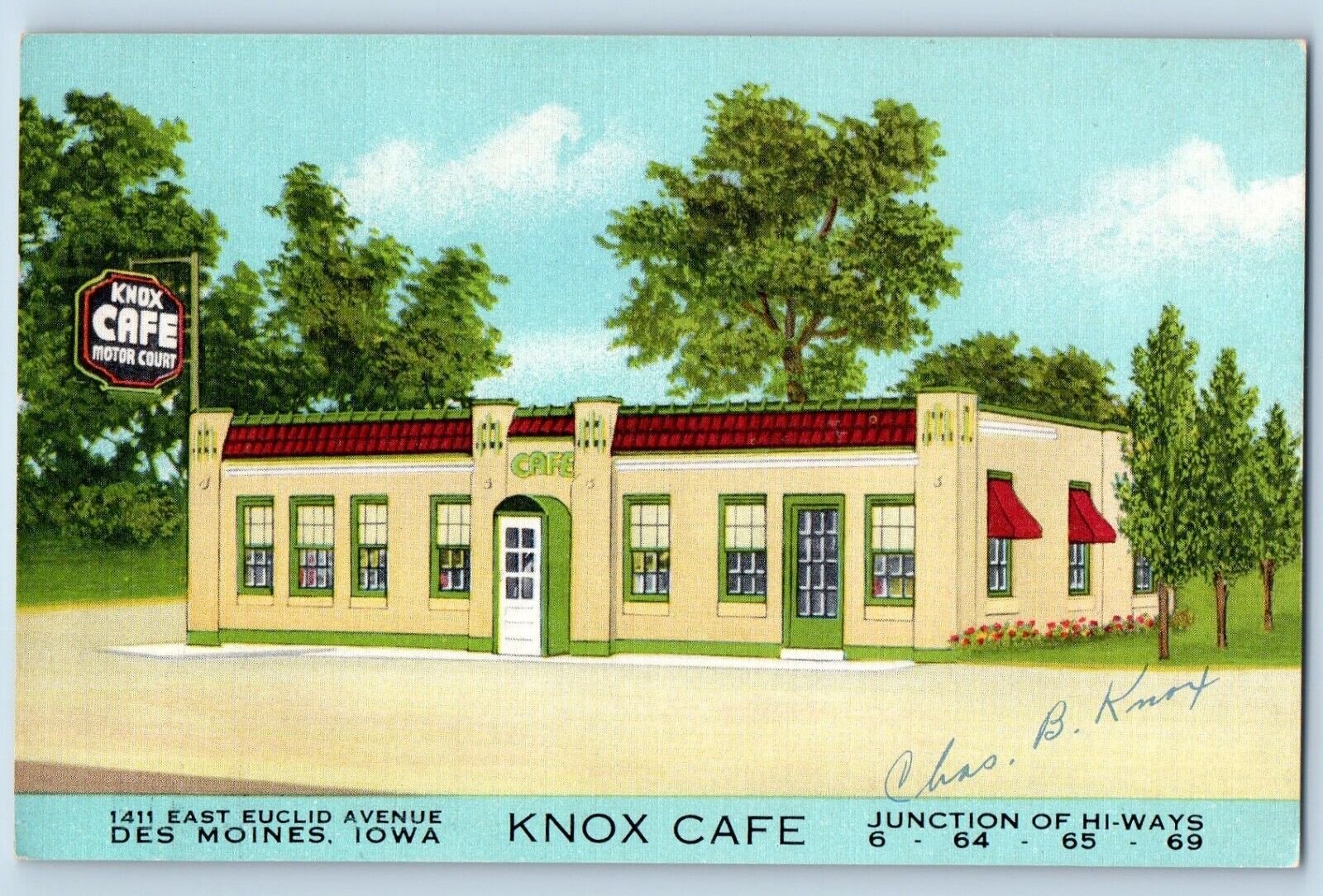 Des Moines Iowa IA Postcard Knox Cafe East Euclid Avenue c1940 Vintage Antique