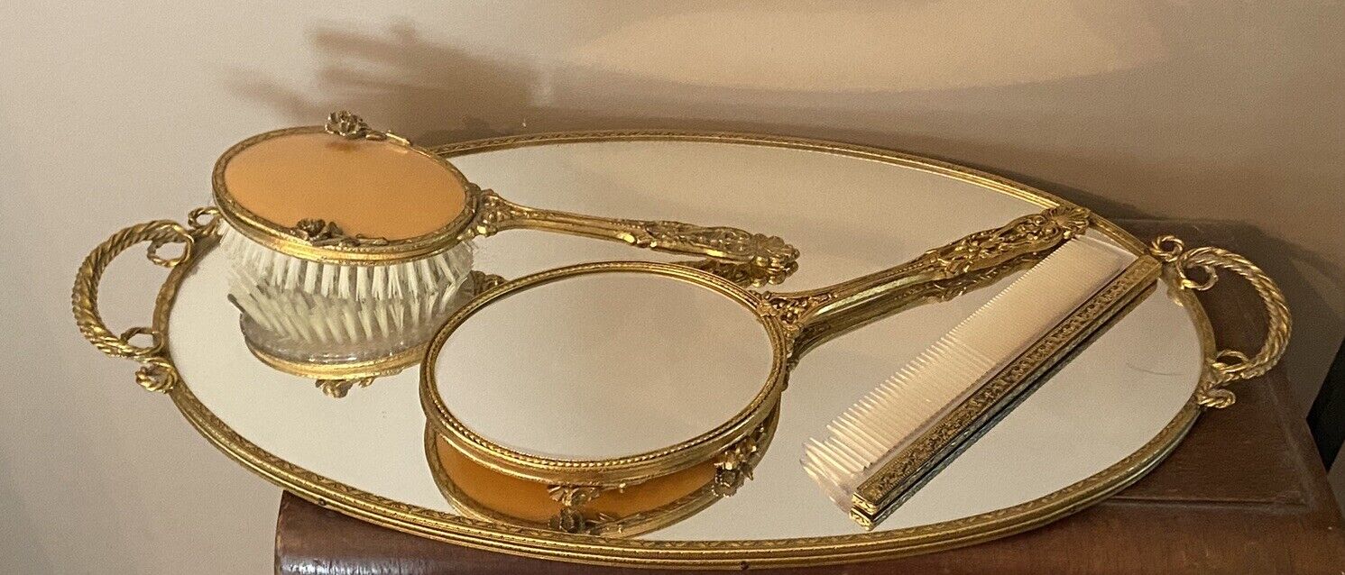 Antique 4 Piece Vanity Dresser Set Brush Comb Mirror Tray Metal Rose