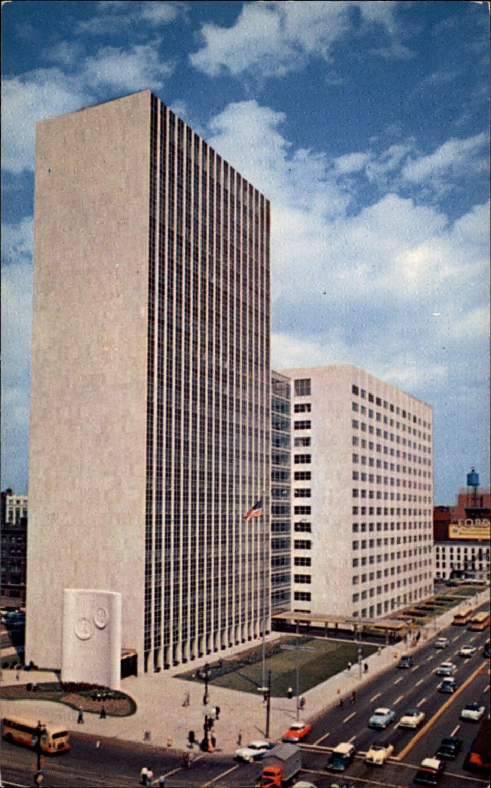 City-County Building Woodward Jefferson Ave Detroit Michigan ~ 1950-60s postcard