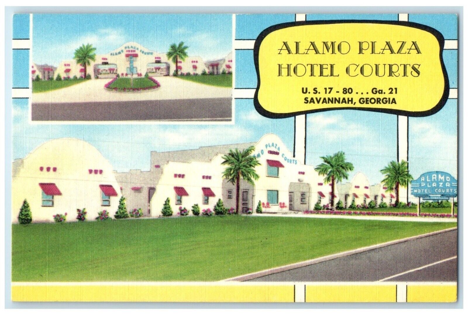 Alamo Plaza Hotel Courts Roadside Savannah Georgia GA, Dual View Postcard