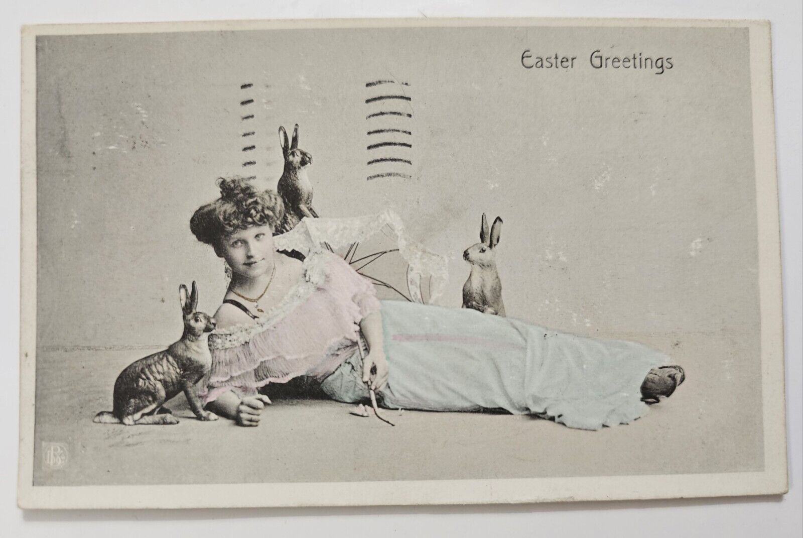 1909 EASTER Greetings Postcard Lady With Bunny Rabbits #1