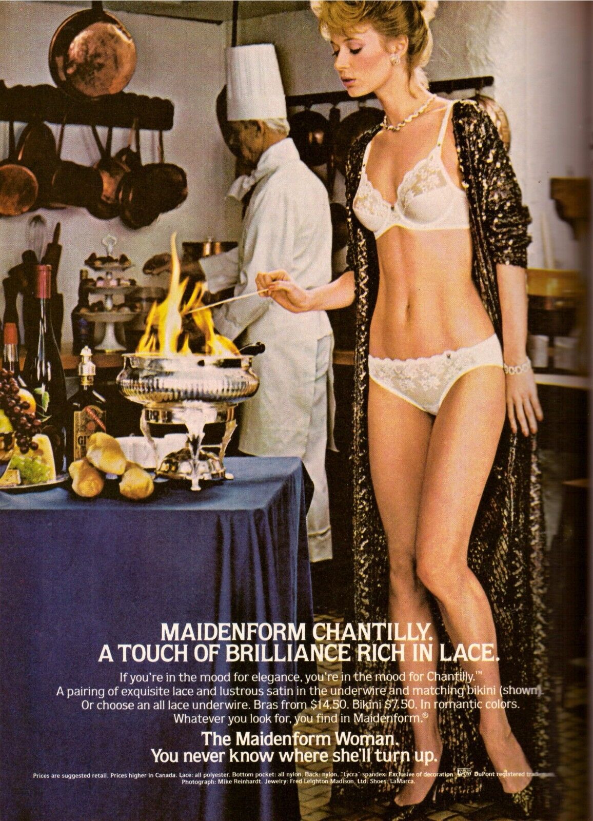 1983 Maidenform Sexy Legs Lingerie Chef Kitchen Bra Print Ad Vintage 1980s