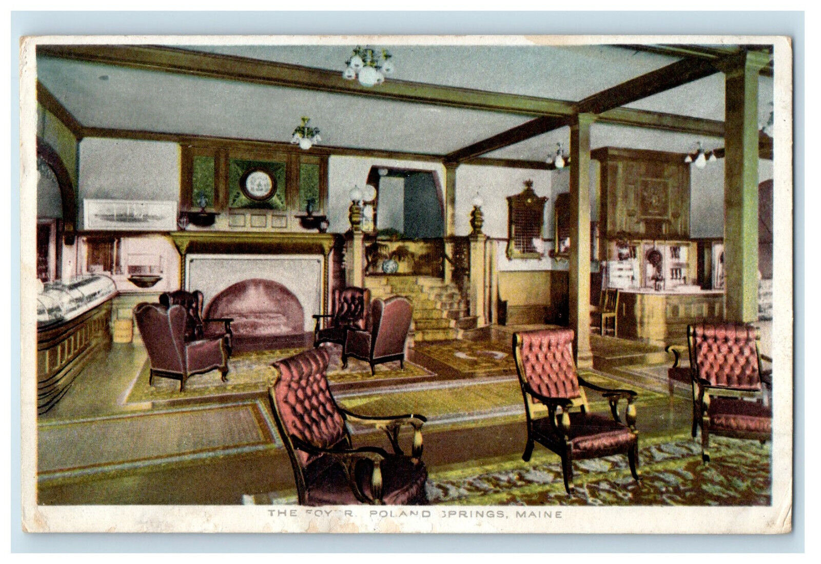c1920\'s Interior View, Furniture Chandelier The Foyer Poland Springs ME Postcard