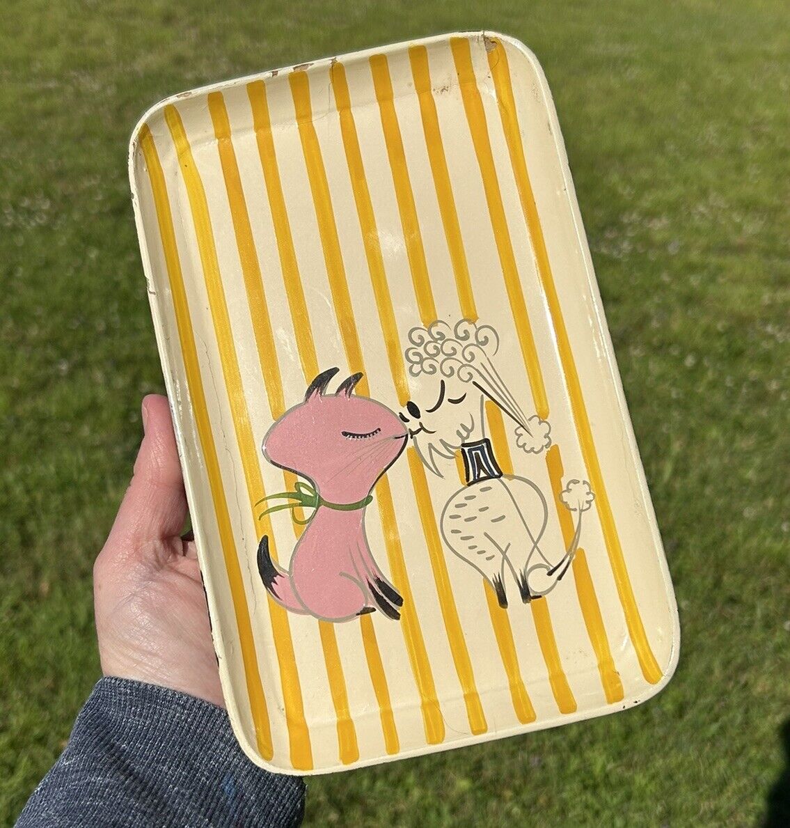 Vintage 1950\'s Holt Howard KISSING PUSS & POODLE Lacquered Wooden  Tray Plate