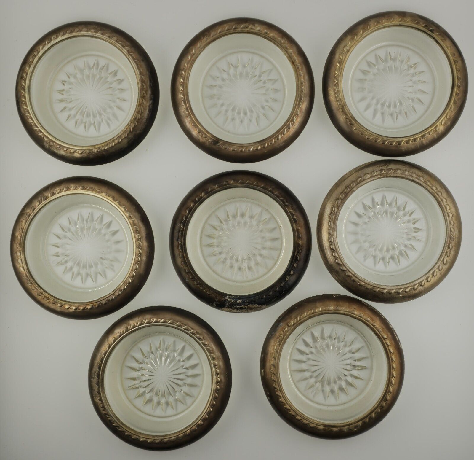 Vintage (8) Coasters Sterling Glass In Empire Crafts  Shipping Box Circa 1950's