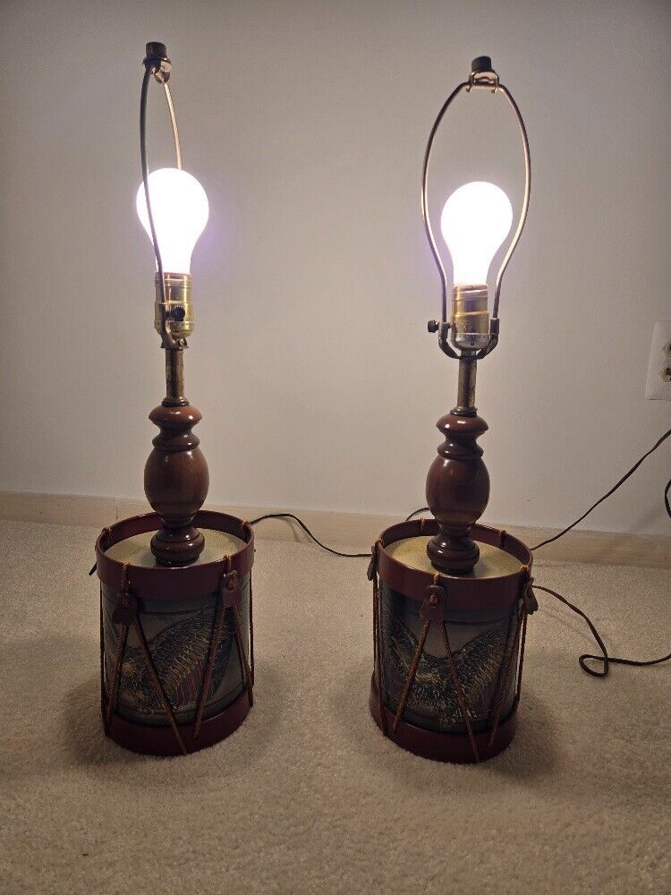 Rare Pair of Americana Vintage Drum Lamps embossed with American Eagle and Flag