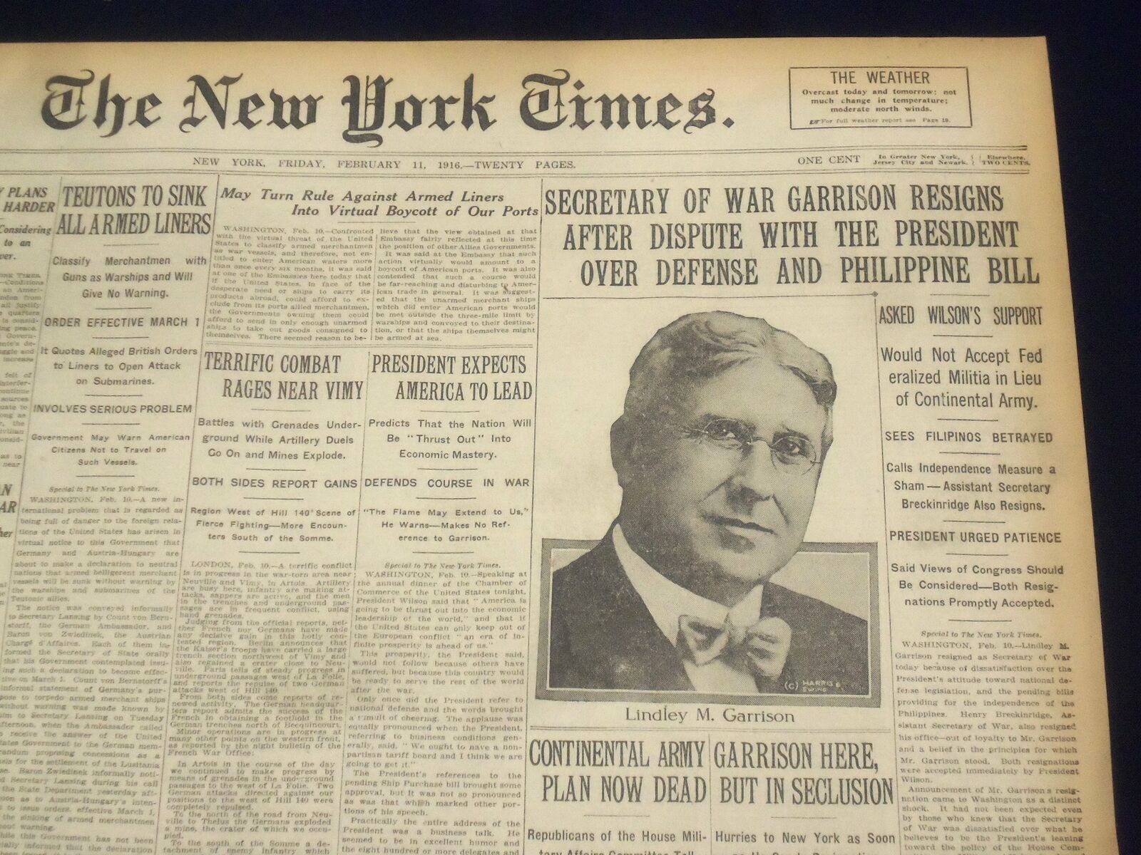 1916 FEBRUARY 11 NEW YORK TIMES - SECRETARY OF WAR GARRISON RESIGNS - NT 9032