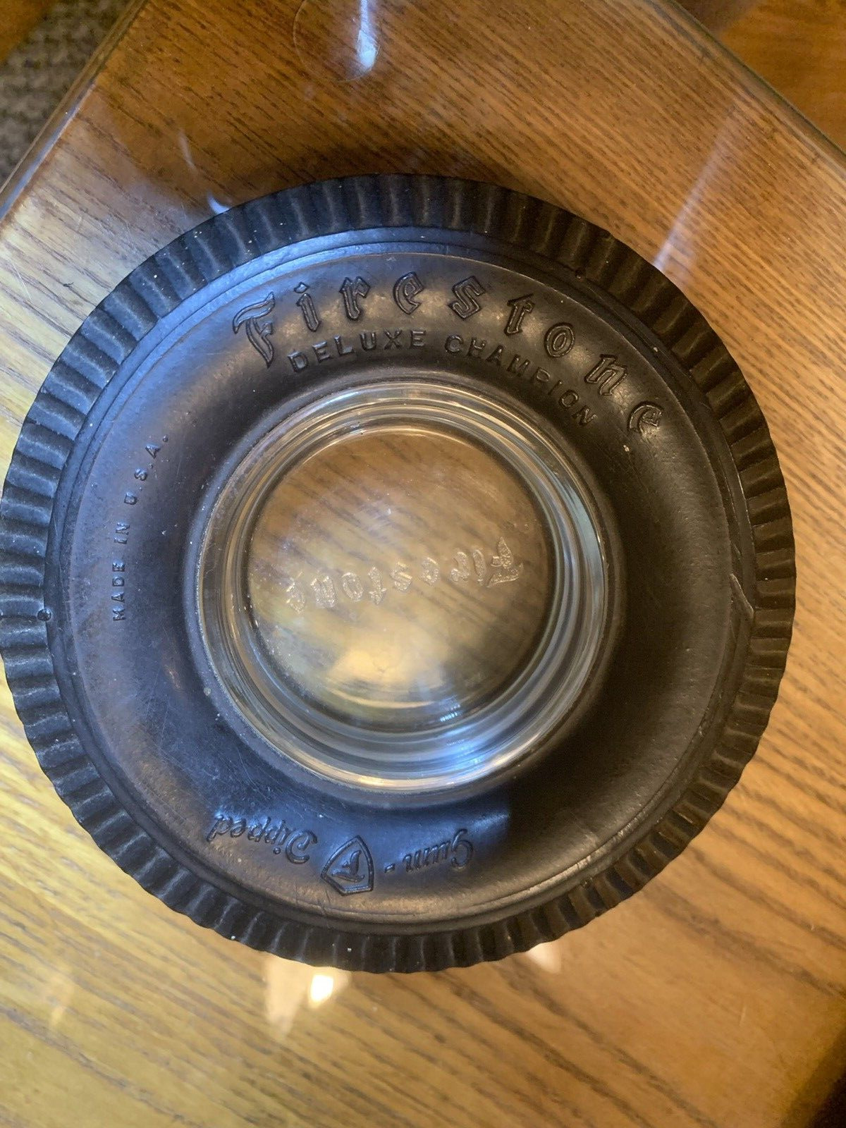 Vintage Firestone Deluxe Champion Rubber Tire with Glass Embossed Ashtray 6\