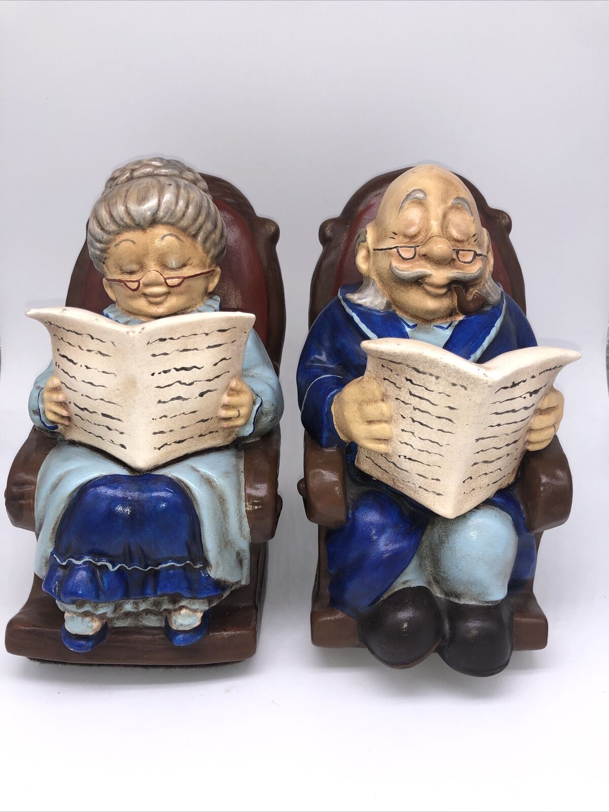 VINTAGE LEFTON CERAMIC OLD MAN & WOMAN ROCKING CHAIR BOOKENDS