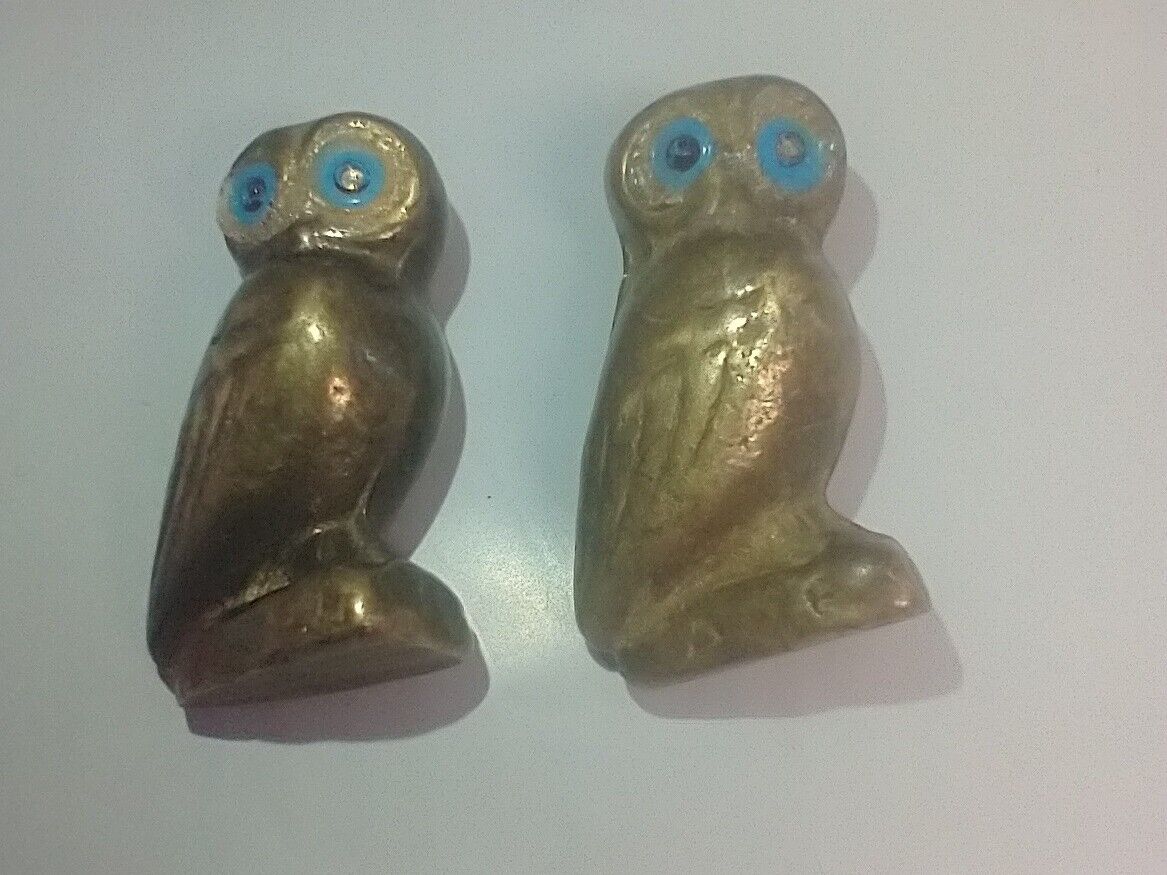 Vintage Miniature Pair Of Brass Owls With Blue Eyes 1\