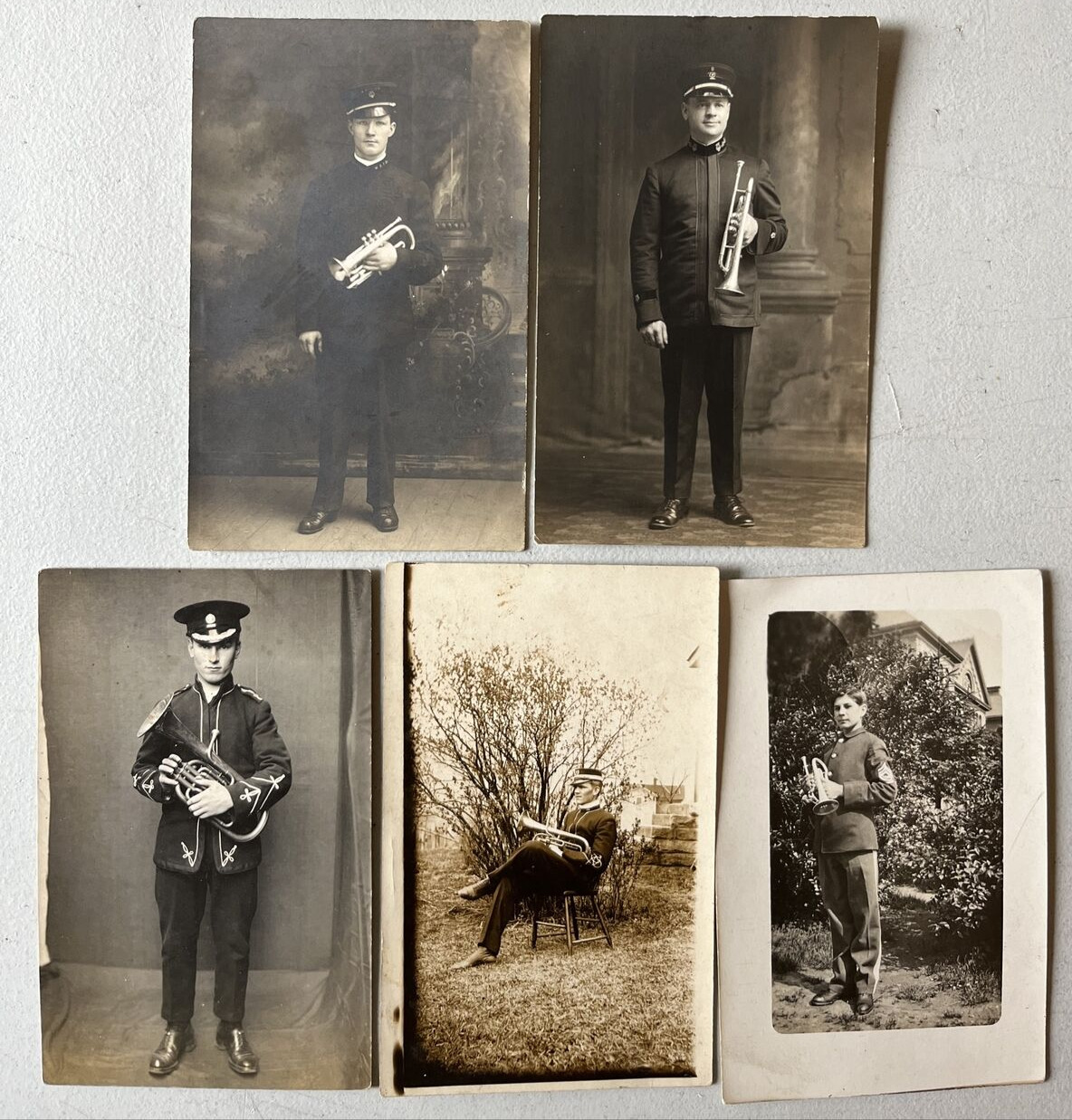 Lot of 5 Antique Real Photo RPPC Men in Uniform w/Trumpets & Cornets Early 1900s