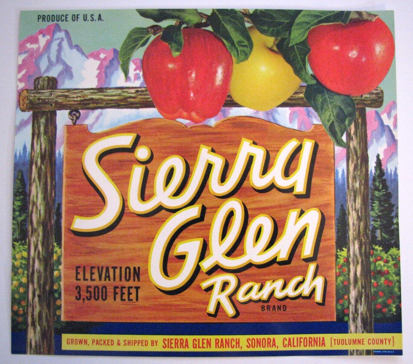 Original SIERRA GLEN RANCH apple crate label Watsonville, California wooden sign