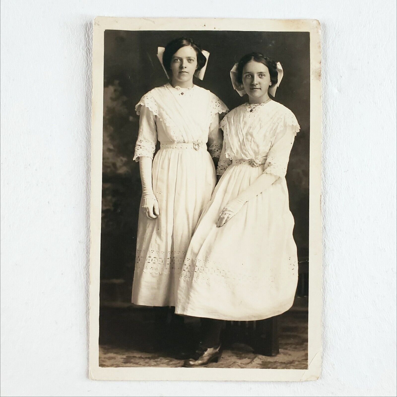 White Dress Cousin Girls RPPC Postcard c1910 Litchfield Minnesota Women Art B893