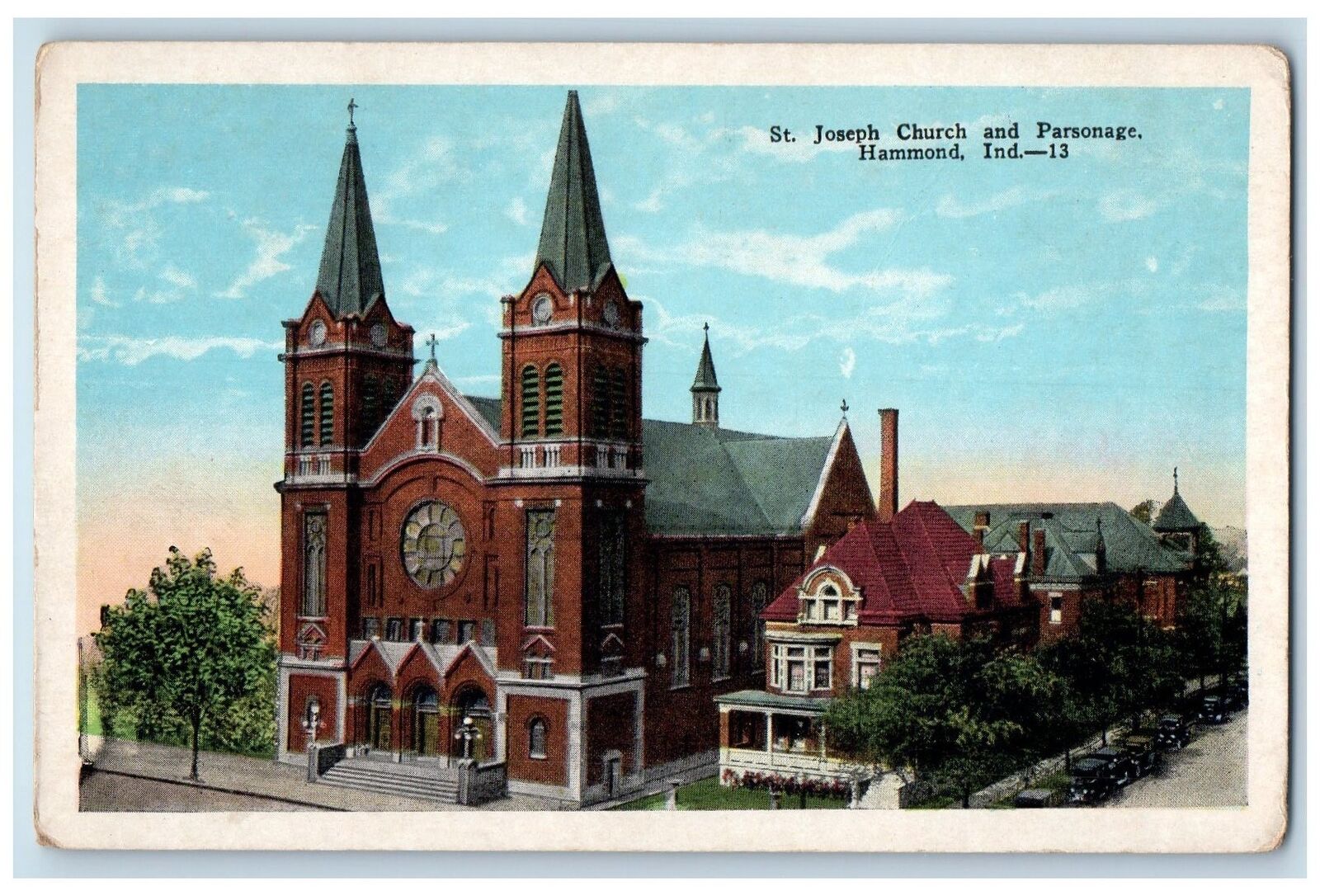 c1920\'s St. Joseph Church & Parsonage Building Tower Hammond Indiana IN Postcard