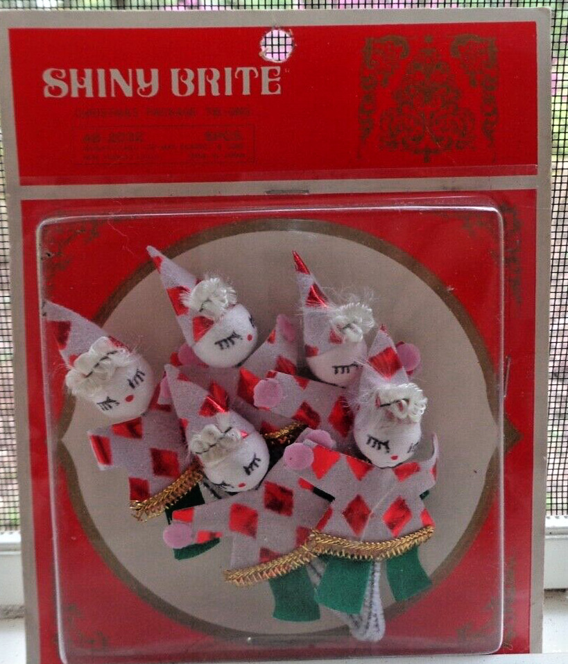 FIVE 1950s SHiNY BRITE CHRISTMAS SPUN COTTON PIXIE ELVES Mint In Package