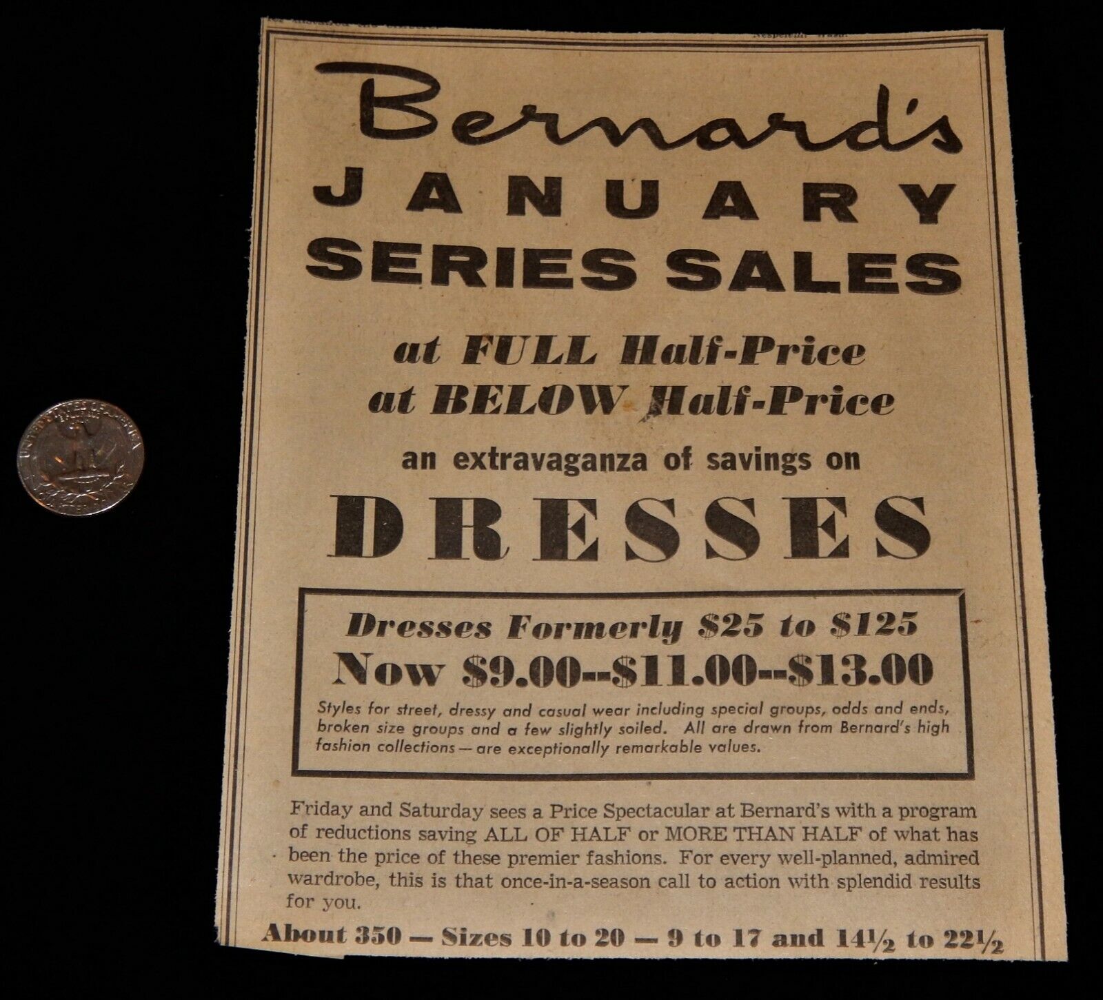 Vintage Newspaper Ad, TRI CITIES ,WA,1959, Bernard\'s Dresses,January Series Sale