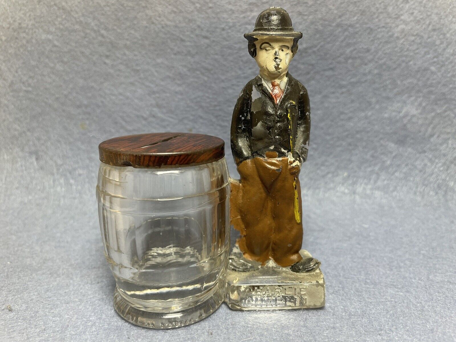1915+ Antique  Charlie Chaplin Glass Candy Container Bank - West Bros. Glass