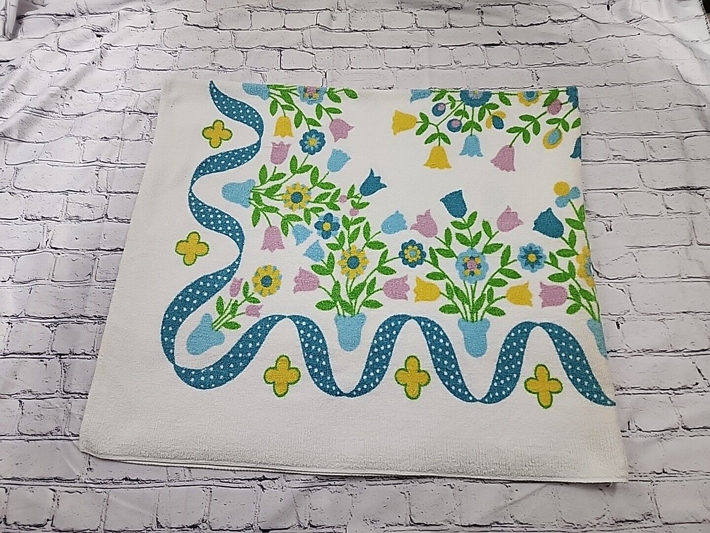 Vtg 60s/70s Terry Cloth Floral Print Rectangular Tablecloth/Beach Towel 58x48